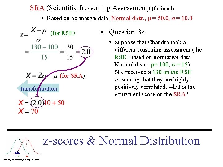 SRA (Scientific Reasoning Assessment) (fictional) • Based on normative data: Normal distr. , μ