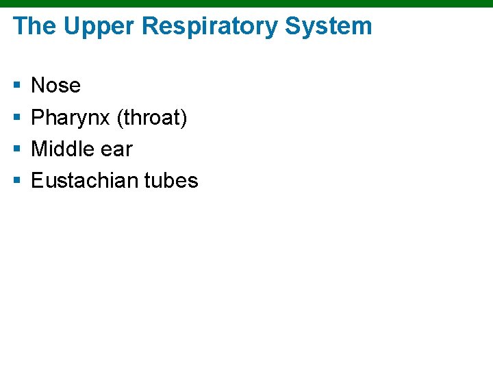The Upper Respiratory System § § Nose Pharynx (throat) Middle ear Eustachian tubes 