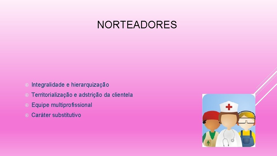 NORTEADORES Integralidade e hierarquização Territorialização e adstrição da clientela Equipe multiprofissional Caráter substitutivo 