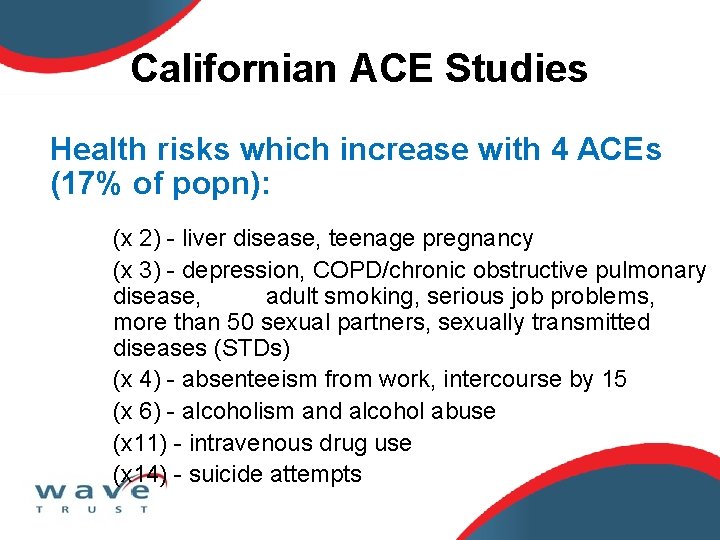 Californian ACE Studies Health risks which increase with 4 ACEs (17% of popn): (x