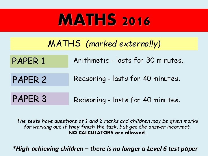 MATHS 2016 MATHS (marked externally) PAPER 1 Arithmetic - lasts for 30 minutes. PAPER