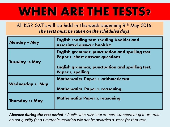 WHEN ARE THE TESTS? All KS 2 SATs will be held in the week