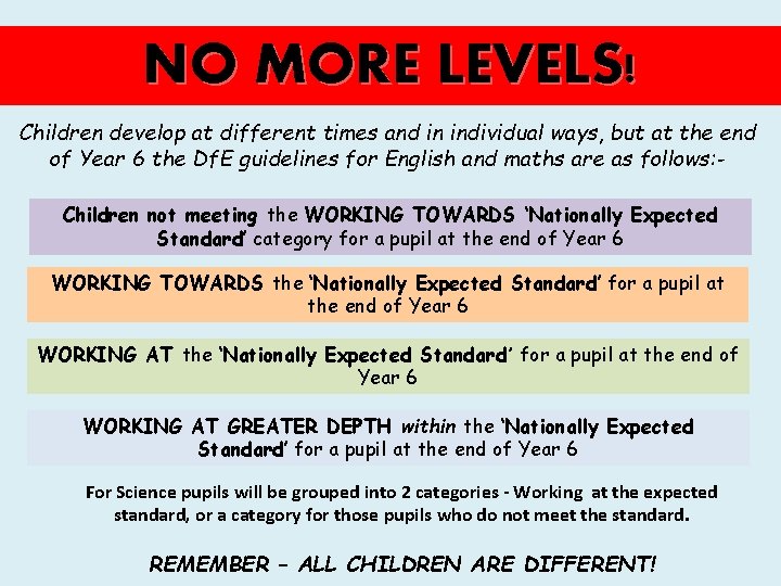 NO MORE LEVELS! Children develop at different times and in individual ways, but at
