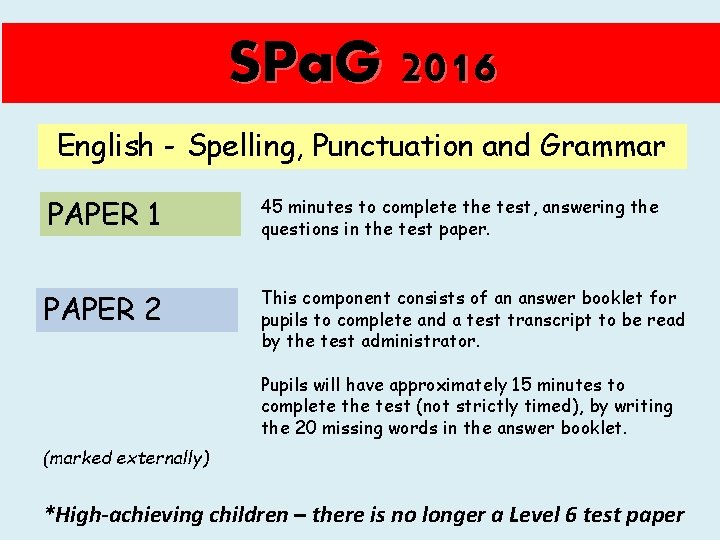 SPa. G 2016 English - Spelling, Punctuation and Grammar PAPER 1 45 minutes to