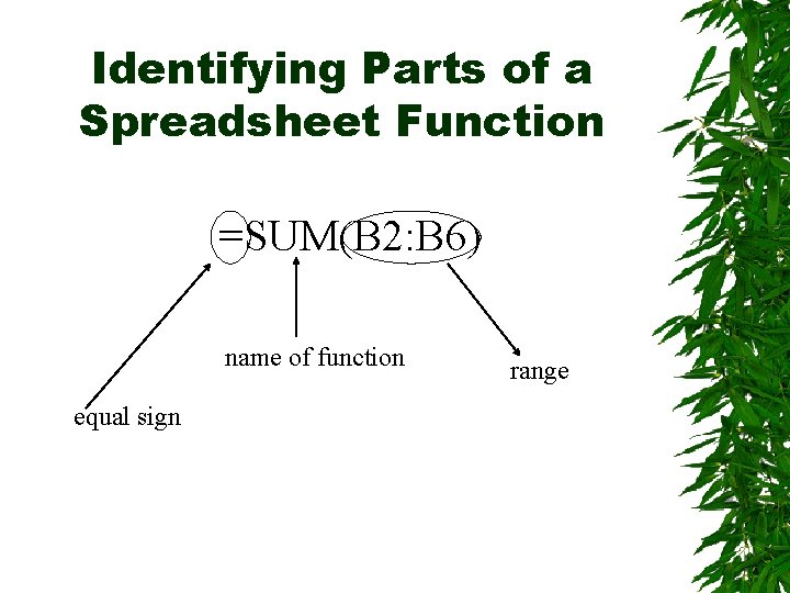 Identifying Parts of a Spreadsheet Function =SUM(B 2: B 6) name of function equal