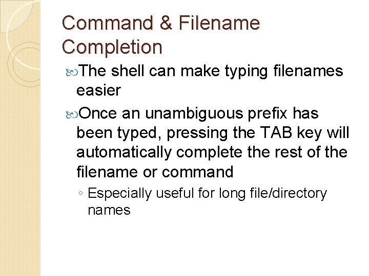 Command & Filename Completion The shell can make typing filenames easier Once an unambiguous