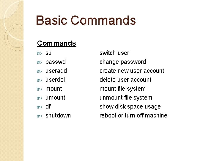 Basic Commands su switch user passwd useradd userdel mount umount df shutdown change password