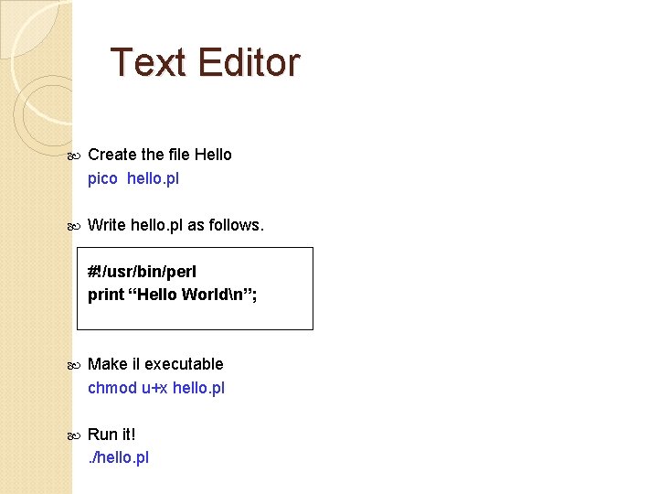 Text Editor Create the file Hello pico hello. pl Write hello. pl as follows.