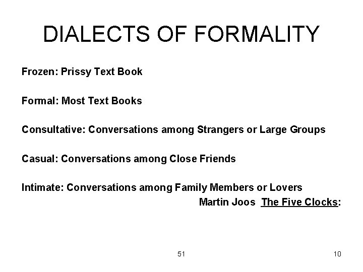 DIALECTS OF FORMALITY Frozen: Prissy Text Book Formal: Most Text Books Consultative: Conversations among