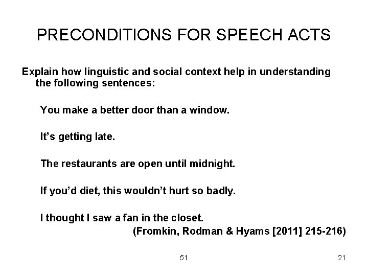 PRECONDITIONS FOR SPEECH ACTS Explain how linguistic and social context help in understanding the