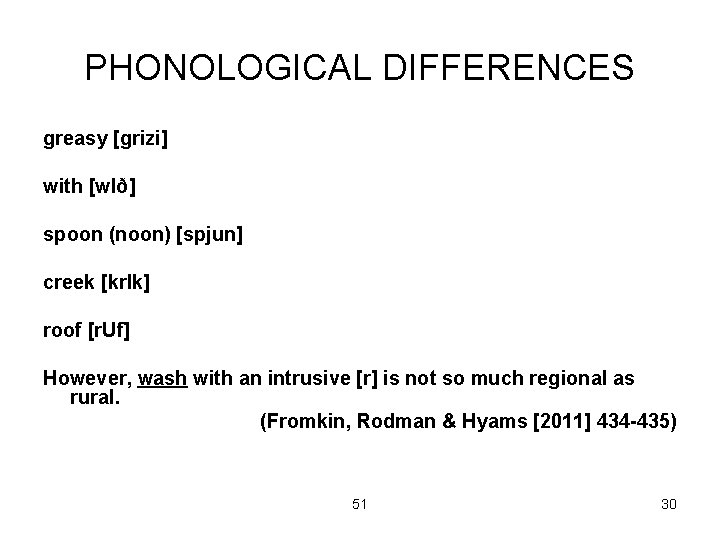 PHONOLOGICAL DIFFERENCES greasy [grizi] with [w. Ið] spoon (noon) [spjun] creek [kr. Ik] roof