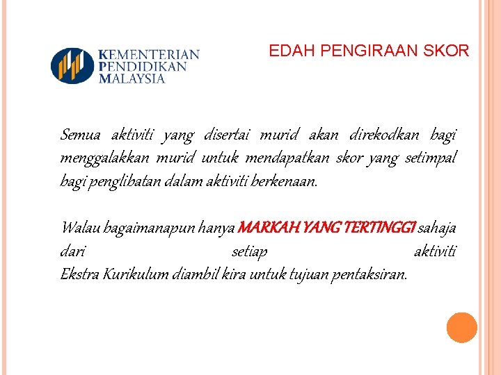 EDAH PENGIRAAN SKOR Semua aktiviti yang disertai murid akan direkodkan bagi menggalakkan murid untuk