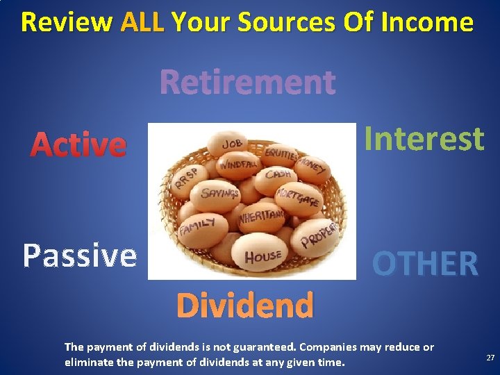 Review ALL Your Sources Of Income Retirement Active Interest Passive OTHER Dividend The payment