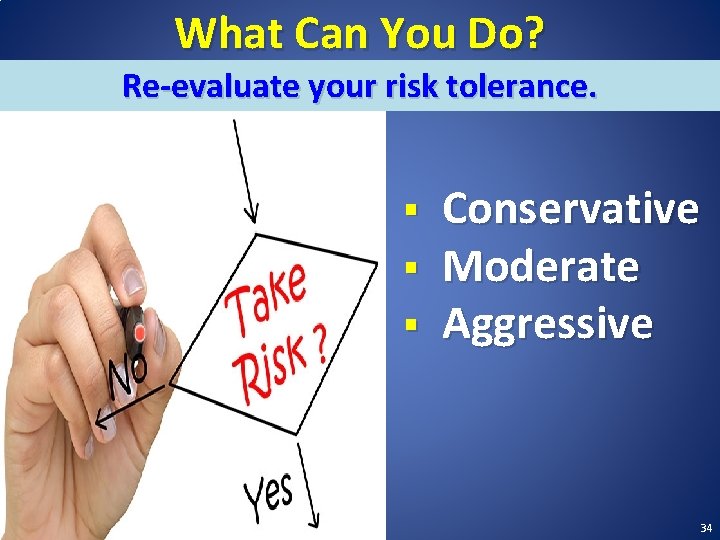 What Can You Do? Re-evaluate your risk tolerance. § § § Conservative Moderate Aggressive