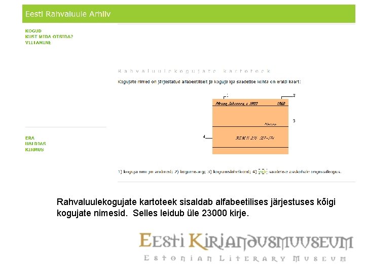 Rahvaluulekogujate kartoteek sisaldab alfabeetilises järjestuses kõigi kogujate nimesid. Selles leidub üle 23000 kirje. 