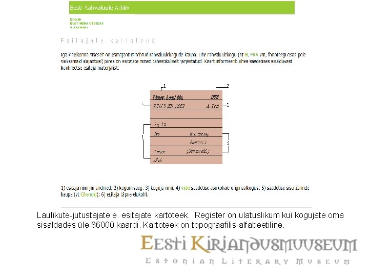 Laulikute-jutustajate e. esitajate kartoteek. Register on ulatuslikum kui kogujate oma sisaldades üle 86000 kaardi.