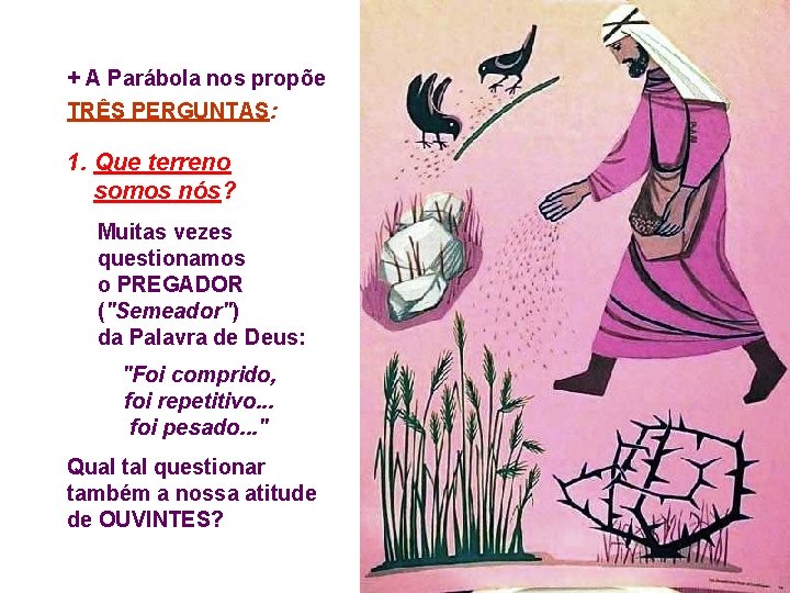 + A Parábola nos propõe TRÊS PERGUNTAS: 1. Que terreno somos nós? Muitas vezes