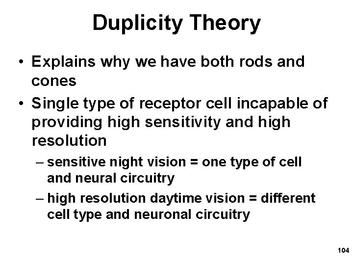 Duplicity Theory • Explains why we have both rods and cones • Single type