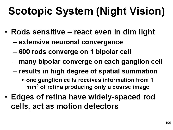 Scotopic System (Night Vision) • Rods sensitive – react even in dim light –