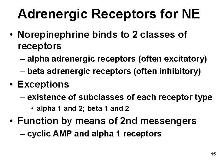 Adrenergic Receptors for NE • Norepinephrine binds to 2 classes of receptors – alpha