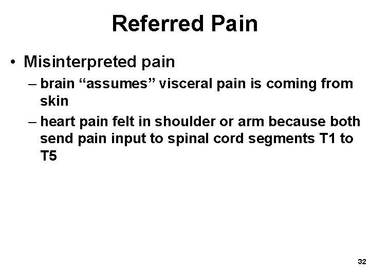 Referred Pain • Misinterpreted pain – brain “assumes” visceral pain is coming from skin