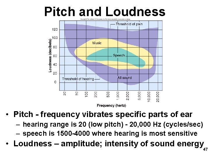 Pitch and Loudness • Pitch - frequency vibrates specific parts of ear – hearing