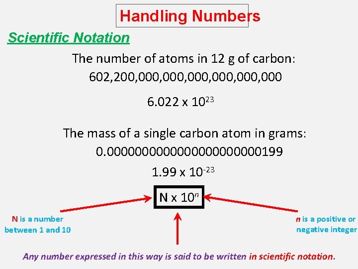 Handling Numbers Scientific Notation The number of atoms in 12 g of carbon: 602,