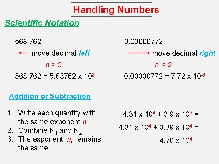 Handling Numbers Scientific Notation 568. 762 0. 00000772 move decimal left move decimal right