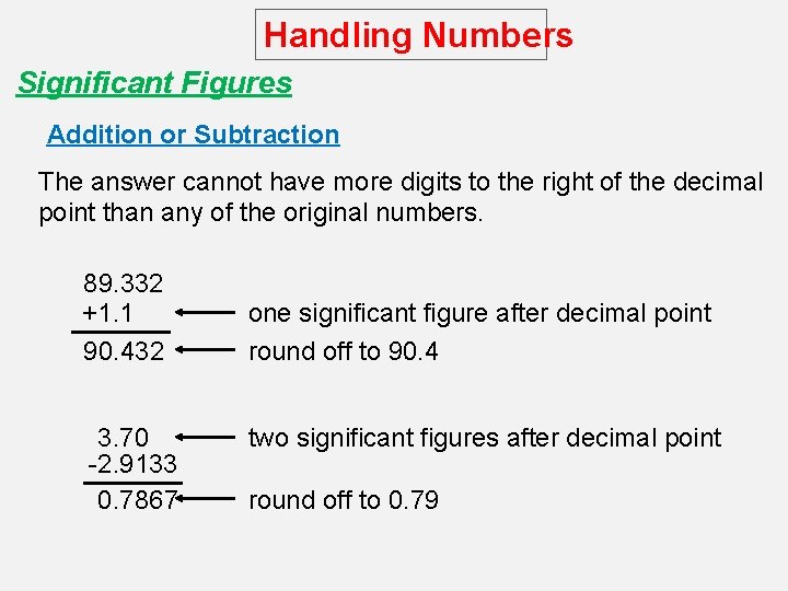 Handling Numbers Significant Figures Addition or Subtraction The answer cannot have more digits to