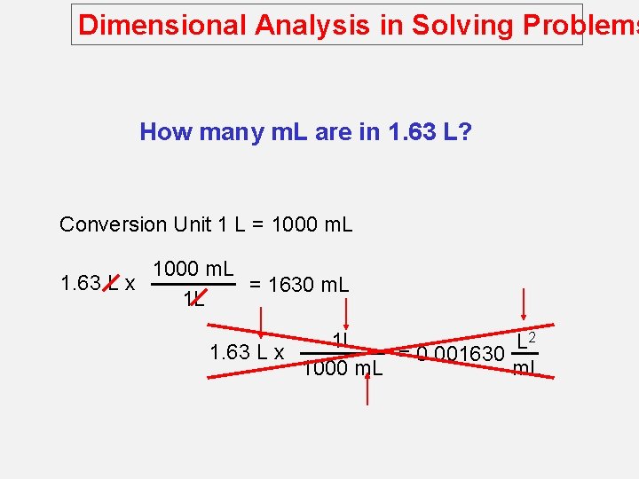 Dimensional Analysis in Solving Problems How many m. L are in 1. 63 L?