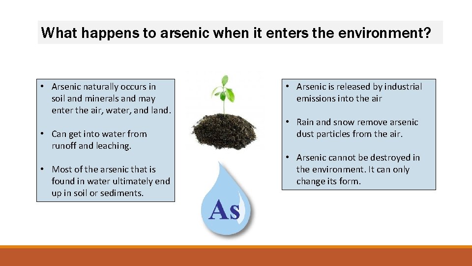 What happens to arsenic when it enters the environment? • Arsenic naturally occurs in