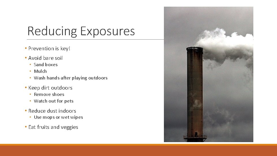 Reducing Exposures • Prevention is key! • Avoid bare soil • Sand boxes •