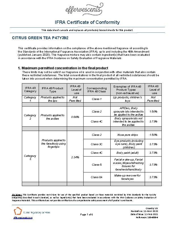 IFRA Certificate of Conformity This data sheet cancels and replaces all previously issued sheets