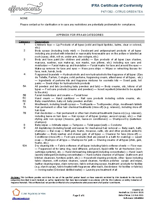IFRA Certificate of Conformity P 47 Y 392 - CITRUS GREEN TEA NONE Please