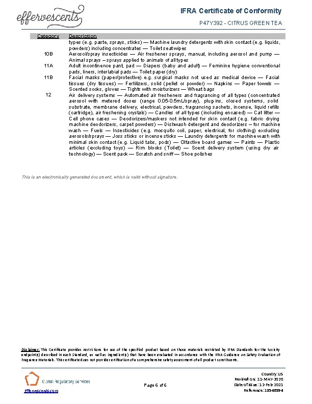 IFRA Certificate of Conformity P 47 Y 392 - CITRUS GREEN TEA Category 10