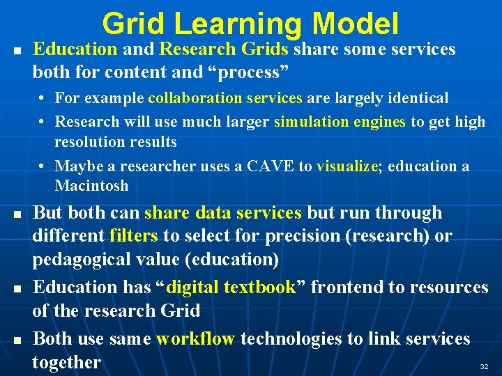 Grid Learning Model n Education and Research Grids share some services both for content