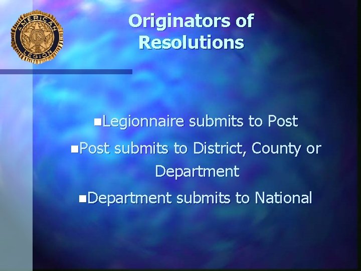 Originators of Resolutions n. Legionnaire n. Post submits to District, County or Department n.