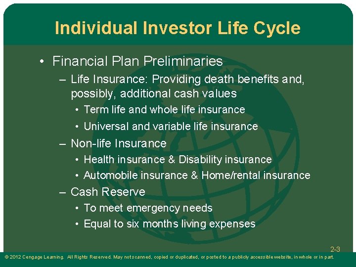 Individual Investor Life Cycle • Financial Plan Preliminaries – Life Insurance: Providing death benefits