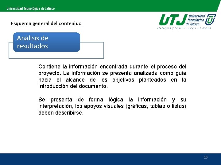 Esquema general del contenido. Análisis de resultados Contiene la información encontrada durante el proceso