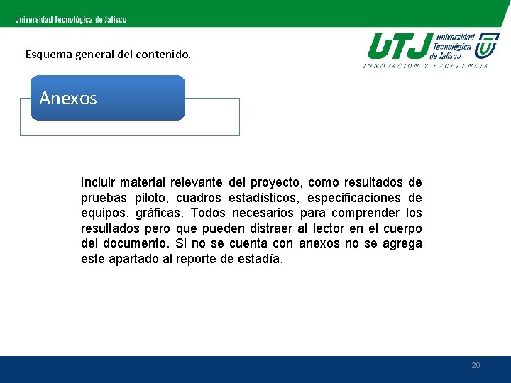 Esquema general del contenido. Anexos Incluir material relevante del proyecto, como resultados de pruebas