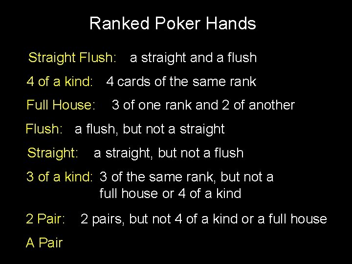 Ranked Poker Hands Straight Flush: a straight and a flush 4 of a kind: