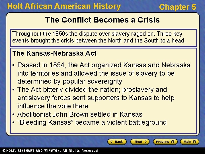 Holt African American History Chapter 5 The Conflict Becomes a Crisis Throughout the 1850