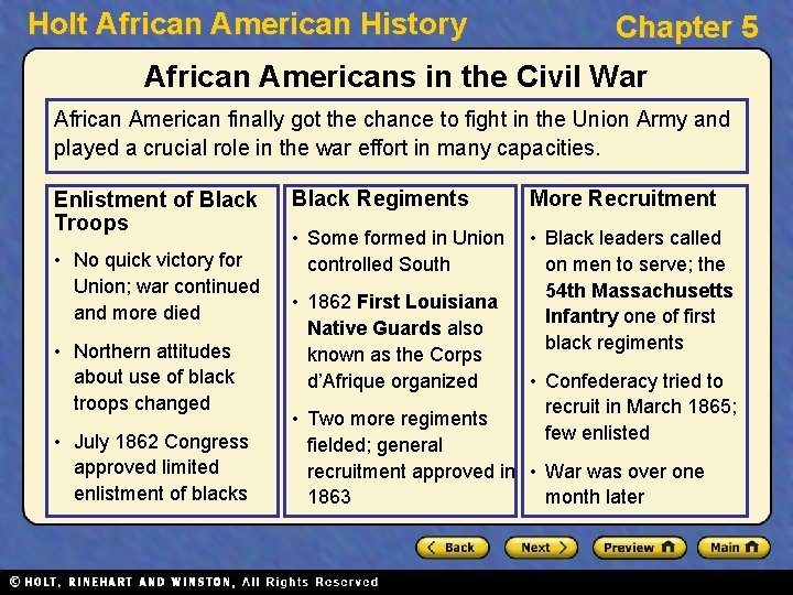 Holt African American History Chapter 5 African Americans in the Civil War African American