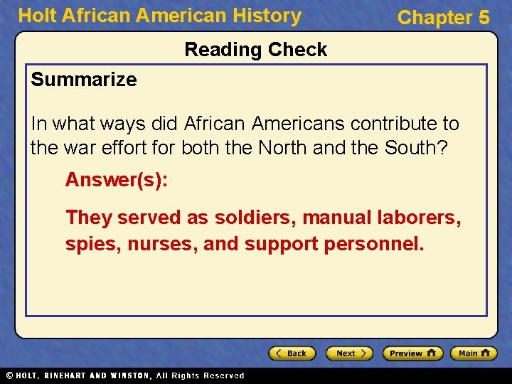 Holt African American History Chapter 5 Reading Check Summarize In what ways did African