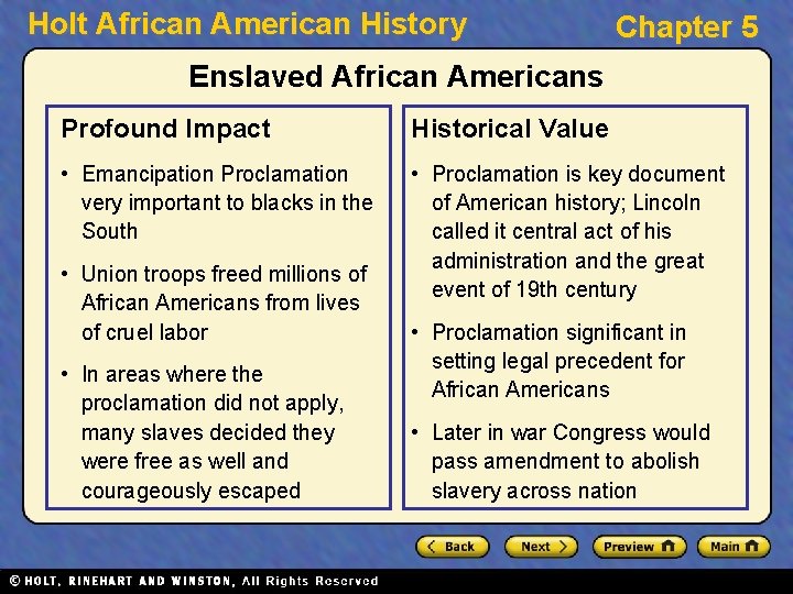 Holt African American History Chapter 5 Enslaved African Americans Profound Impact Historical Value •