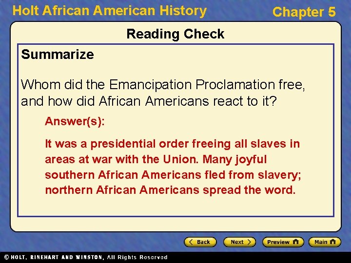 Holt African American History Chapter 5 Reading Check Summarize Whom did the Emancipation Proclamation