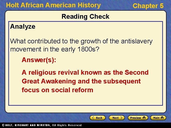 Holt African American History Chapter 5 Reading Check Analyze What contributed to the growth
