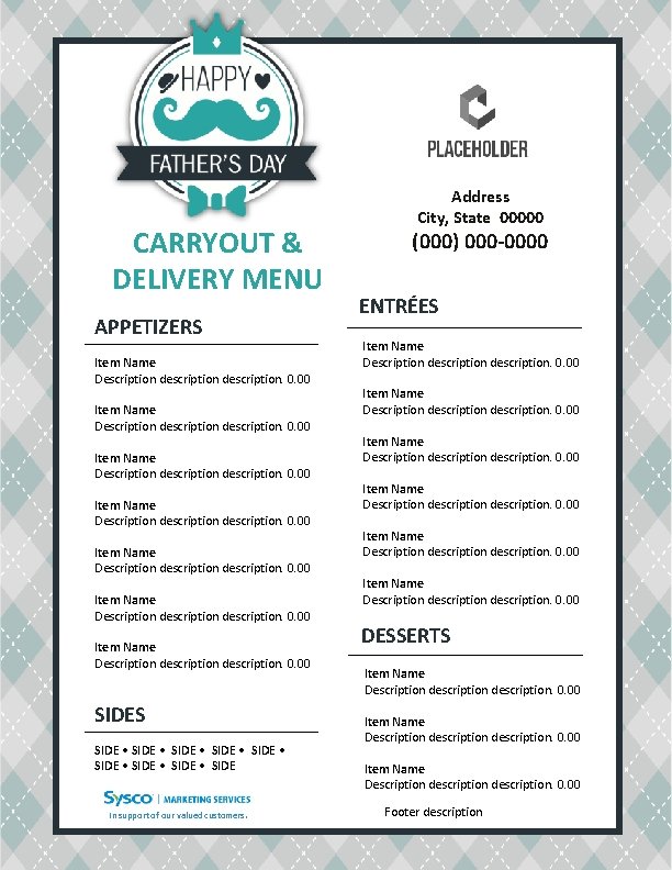 CARRYOUT & DELIVERY MENU APPETIZERS Item Name Description description description. 0. 00 Item Name