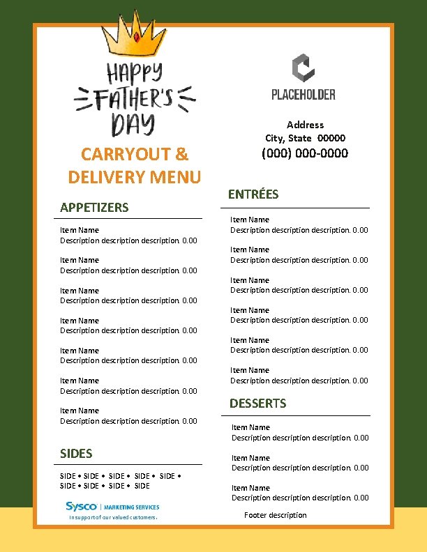CARRYOUT & DELIVERY MENU APPETIZERS Item Name Description description description. 0. 00 Item Name