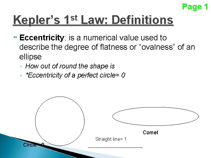 Page 1 Kepler’s 1 st Law: Definitions Eccentricity: is a numerical value used to